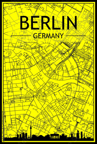 Golden printout city poster with panoramic skyline and hand-drawn streets network on yellow and black background of the downtown BERLIN, GERMANY