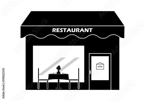 Restaurante, Restaurant. Hostelería. Símbolo en blanco  y negro de un restaurante con mesa y sillas photo