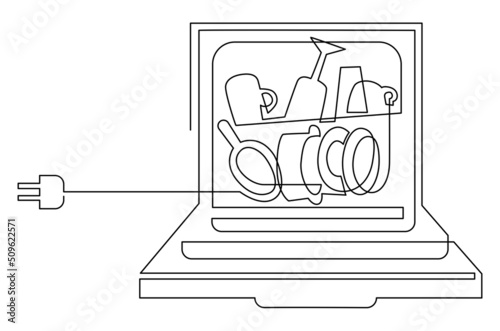 Dishwasher with open door and dishes inside. Humorous illustration. Vector continuous line drawing isolated on white background.