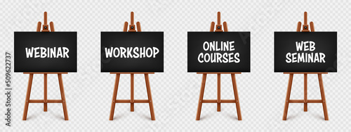 Realistic paint desk with text on black canvas. Wooden easel and a sheet of drawing paper. Presentation board on a tripod. Distance education, online courses and e-learning. Vector illustration