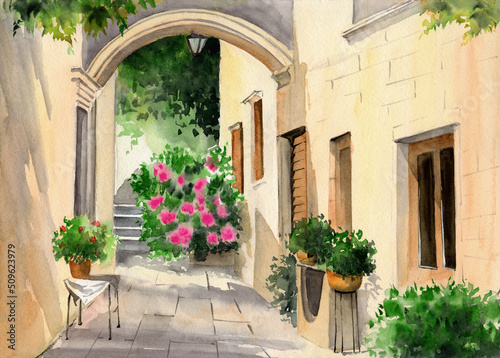 Watercolor illustration of the street of an old colorful Mediterranean town with an arched entrance  potted flowers and a flowering bush