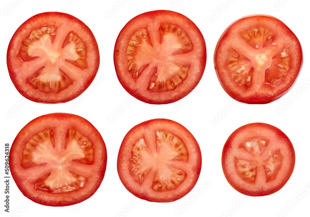 Tomato slice top view isolate. Tomato on white background with clipping path. Tomato slice top view isolate. Tomato on white background with clipping path.