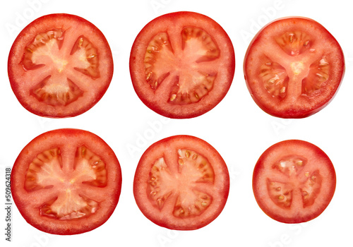Tomato slice top view isolate. Tomato on white background with clipping path.