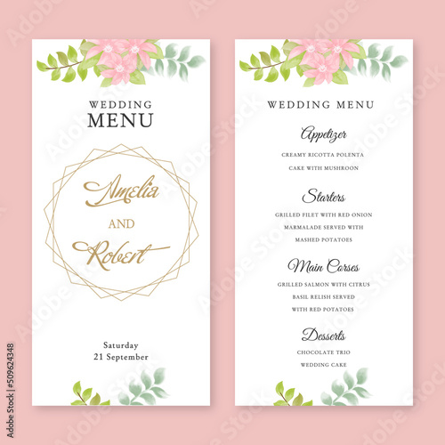 Set 2 templates of pink floral watercolor Wedding Menu in rustic style, light blush pink flowers, gold frames, branches with green leaves and calligraphy text on white background.