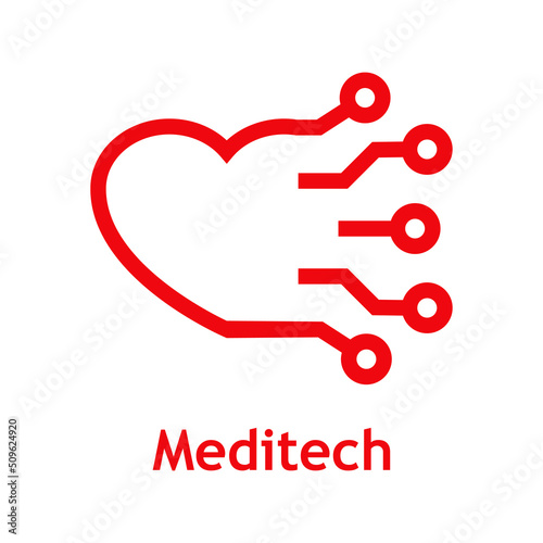 Tecnología de la salud. Logotipo con texto Meditech con corazón con forma de circuito digital con líneas en color rojo