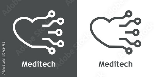 Tecnología de la salud. Logotipo con texto Meditech con corazón con forma de circuito digital con líneas en fondo gris y fondo blanco