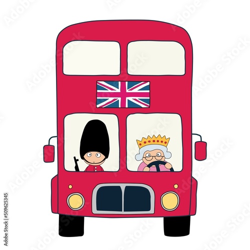 Photography The Queen with a guard at Buckingham Palace drives a red double-decker bus