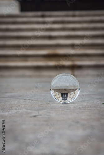 View of the Church of St. Mary of Mount Berico in Vicenza inside a Lensball, Veneto, Italy, Europe, World Heritage Site