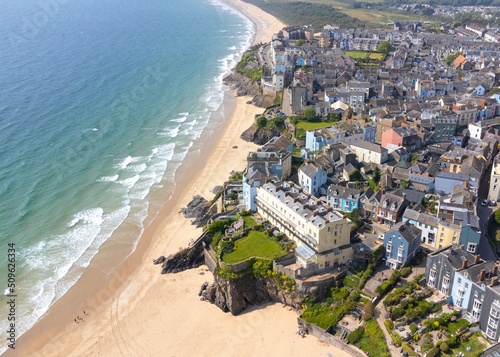 Overhead view of Tenby and the coastline - Pembrokeshire, Wales, UK