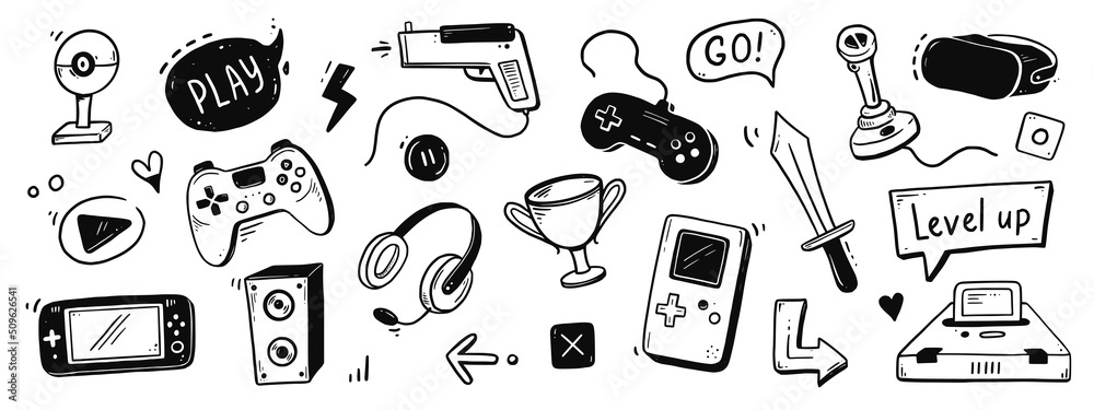 Set of video game doodle Stock Vector