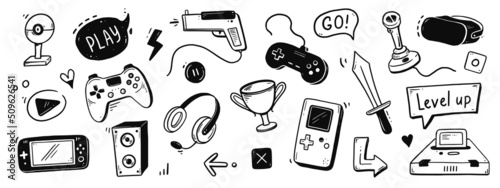 Video game hand drawn doodle set. Video gamer console, joystick, controller element. Computer retro, arcade play background. Vector illustration.