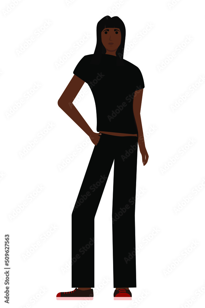Fototapeta premium Girl model posing in a black outfit of trousers and a T-shirt. Black man vector illustration