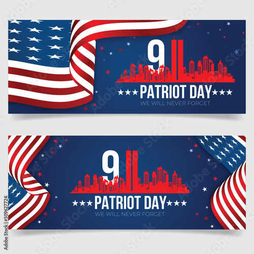 Vector banner design template with american flag and text on dark blue background for Patriot Day. vector poster. Patriot Day, September 11, We will never forget