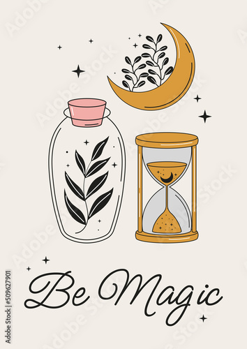 Hourglass or sandglass , bottle, moon boho style on light background, modern trendy hand drawn vector magic astrology symbol and mystic design element, poster or card doodle flat shape illustration.	