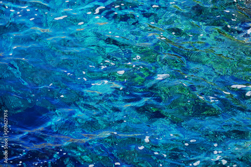 Blue and teal colors of a close-up of the crystal clear waters of the Tyrrhenian sea, on the coast of Capri island, Italy