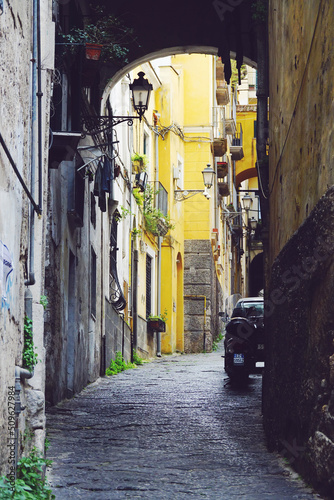 Old narrow street in Salerno old town, Amalfi coast, Italy
