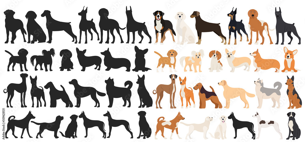 dogs set silhouette on white background, isolated, vector
