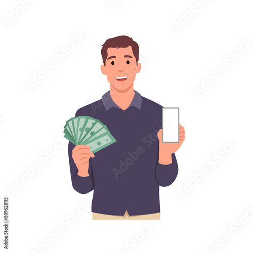Young smiling man cartoon character holding money and showing his phone . Flat vector illustration isolated on white background