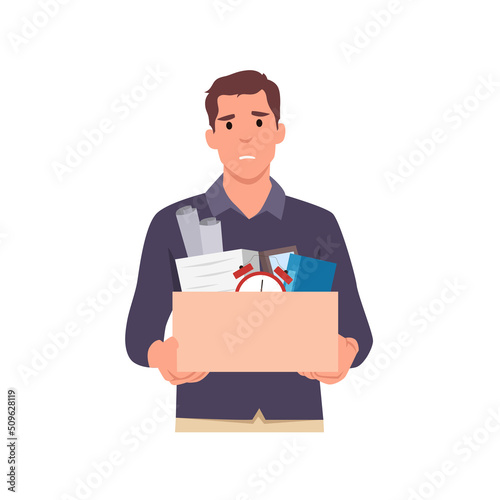 Young smiling man cartoon character holding a box with his things with inscription " Fired". Unemployment, crisis, jobless and employee job reduction . Flat vector illustration isolated background