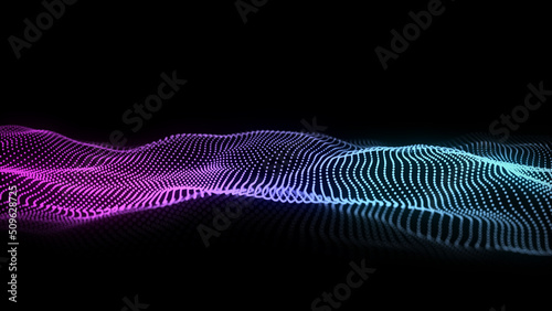 Digital gradient wave with dots on the dark background. The futuristic abstract structure of network connection. Big data visualization. 3D rendering.