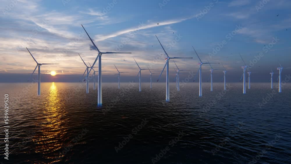 3840x2160 4K. Wind power plant towers in sea. Energy Windwill in dusk ocean at sunset with beautiful golden horizon, 3d animation. windwill generating alternative energy. 3840x2160 4K. Wind power plant towers in sea. Energy Windwill in dusk ocean at sunset with beautiful golden horizon, 3d animation. windwill generating alternative energy.