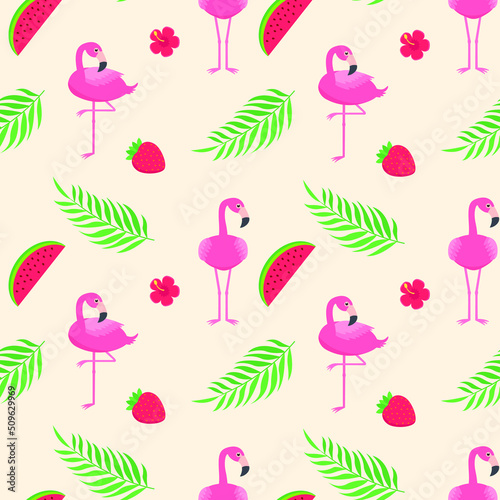 Pink flamingos bird pattern with tropical leaves, strawberries, and watermelons