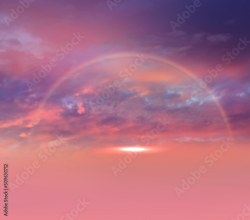 pink  lilac orange sunset and blue cloudy  sun beam sky with rainbow nature landscape © Aleksandr