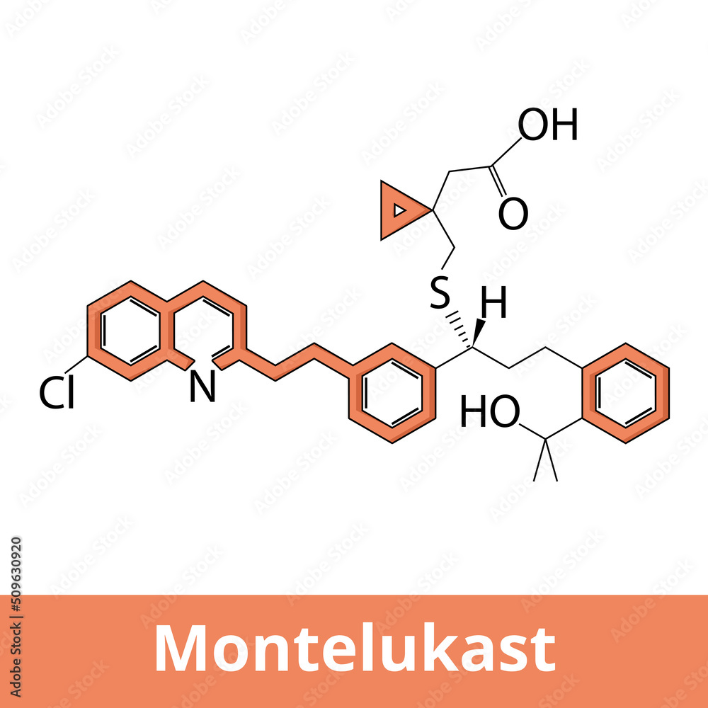 Chemical structure of montelukast. It is a medication used in the maintenance treatment of asthma. Chemical structure of montelukast. It is a medication used in the maintenance treatment of asthma.