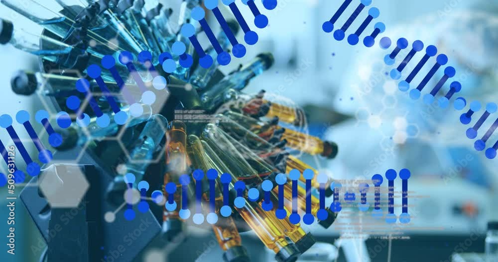 Multiple dna structures spinning against multiple test tubes in