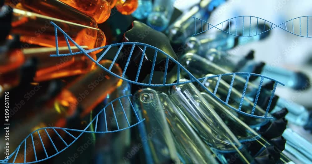 Multiple dna structures spinning against multiple test tubes in