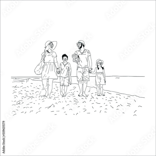 line art drawing of a young happy mother and father leading their son walking together  holding his hand s graphic vector illustration. Parenting education concept. Modern continuous line draw design