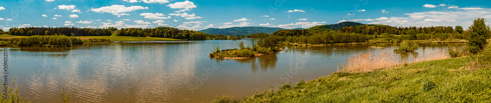 High resolution stitched panorama at the famous Drachensee lake, Furth im Wald, Bavarian forest, Bavaria, Germany