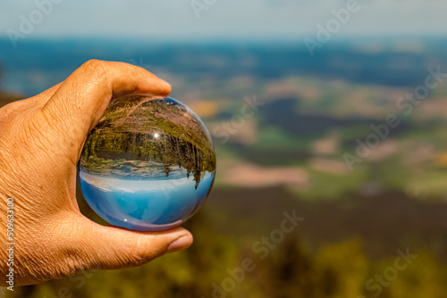 Crystal ball landscape shot at the famous Hohenbogen summit  Bavarian forest  Bavaria  Germany