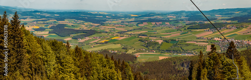 High resolution stitched panorama at the famous Hohenbogen summit, Bavarian forest, Bavaria, Germany