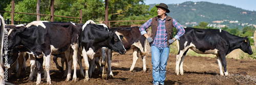 cowboy farmer portrait against the background of a herd of cows