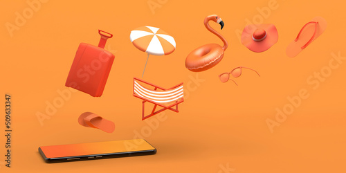 Concept of online summer vacation booking with smartphone. Copy space. 3D Illustration.