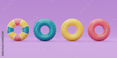 set of colorful summer inflatable ring on purple background, Summer time concept, 3d rendering.