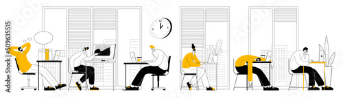 The characters are sitting at desks in an office among flowers and working at computers. Vector illustration in the style of outline on the topic of computer work and workspace.