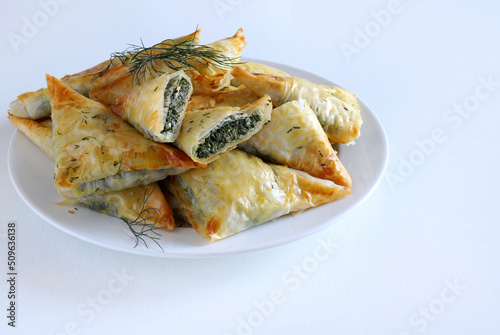 Cucina tradizionale greca. Spanakopita, triangolo di pasta fillo con spinaci e feta su sfondo bianco. Direttamente sopra. photo