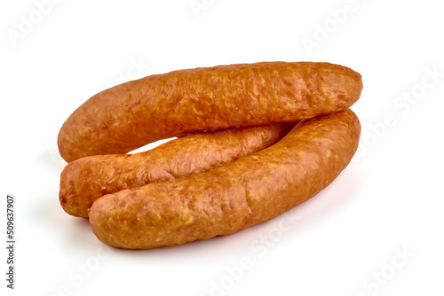 Smoked Bratwurst sausages, isolated on white background.