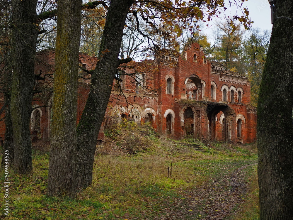 The ruins of the old brick estate of the Wrangel barons in the village of Torosovo. Volosovsky district, Leningrad region, Russia. The ruins of the old brick estate of the Wrangel barons in the village of Torosovo. Volosovsky district, Leningrad region, Russia.