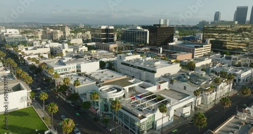 Rooftops of Beverly Hills, Aerial Shot of Businesses and Shops on the Famous Streets of Iconic Upscale Neighborhood