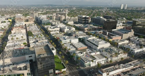 Drone Above Busy Beverly Hills Streets and Businesses During the Day