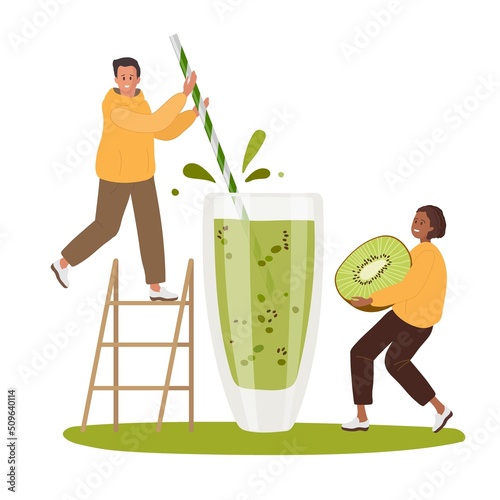 Tiny people cooking green kiwi smoothie, Woman holding fruit, man standing on ladder and holding straw. Interracial Couple. Colored flat cartoon vector illustration For cooking site, menu, books.