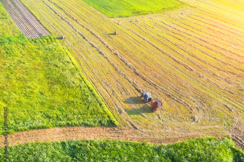 Farmer stores fodder for cattle in summer season. Aerial view on a tractor that collects hay in rows with a disc rake.