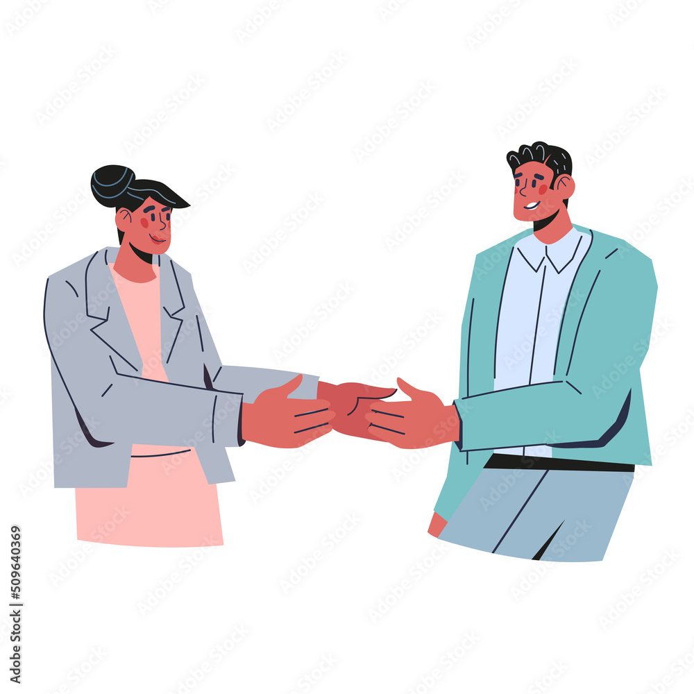 Fototapeta premium Colleagues congratulating each other with success, contract conclusion. Business handshaking gesture between colleagues or partners, flat vector illustration isolated on white background.