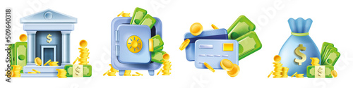 3D bank money vector concept, dollar coin stack, business finance icon set, money bag, pay card. Open safe vault door, investment economy web clipart kit, saving deposit. 3D bank currency wallet