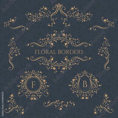  Collection of decorative  elegant frames and borders.  Classic floral ornament. Graphic design pages.