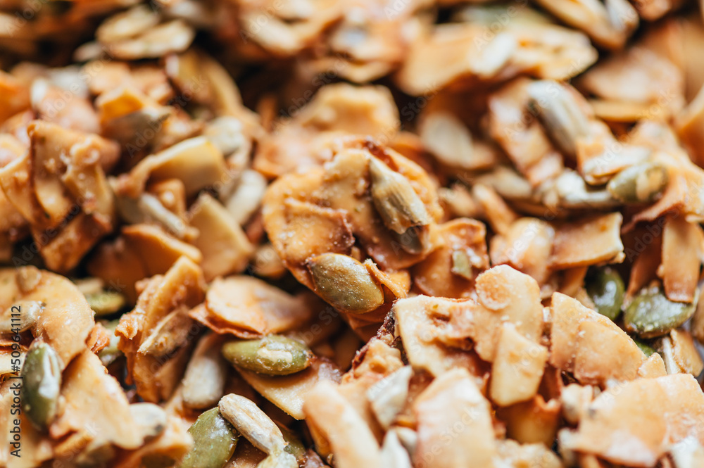 Organic Coconut Keto Clusters, crunchy pumpkin, sunflower, hemp seeds, providing healthy snack. Gluten Free, Vegan Friendly Organic Coconut Keto Clusters, crunchy pumpkin, sunflower, hemp seeds, providing healthy snack. Gluten Free, Vegan Friendly