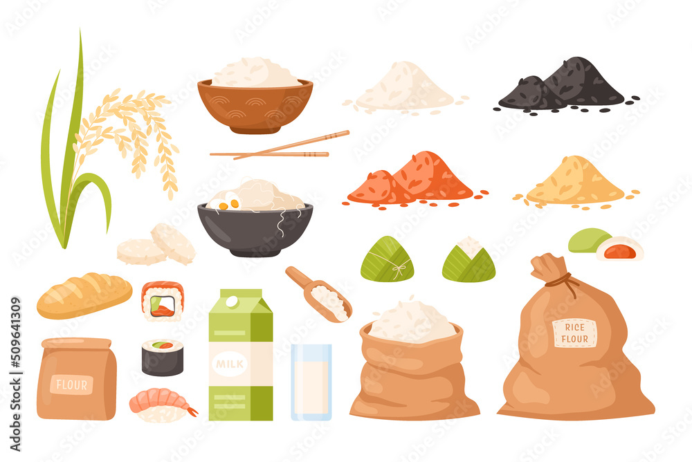 Rice cereal spikelets icon set. Vector cartoon collection of organic ...